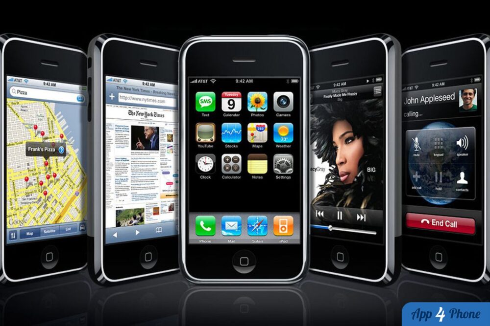 Série de premiers iPhone montrant leurs interfaces et fonctions emblématiques