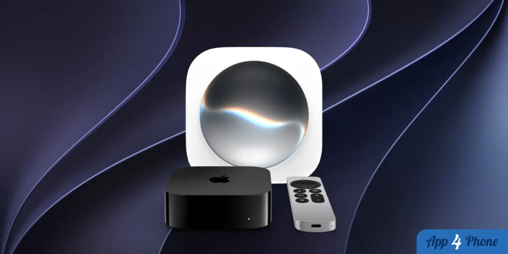 Apple TV 4K et sa télécommande devant une illustration de Siri