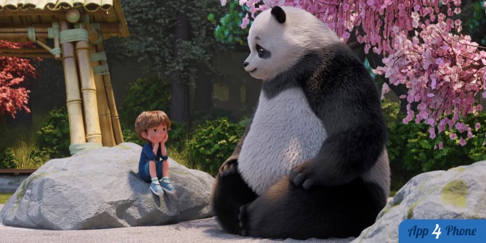 Panda Stillwater et enfant assis sur des rochers