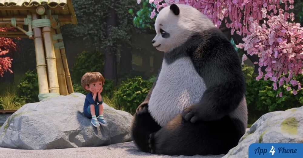 Panda Stillwater assis près d’un enfant dans un jardin fleuri