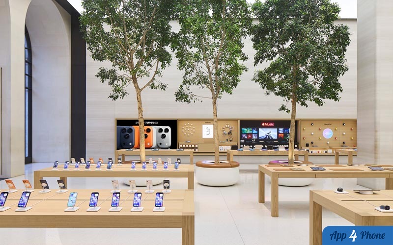 Intérieur d’un Apple Store avec présentoirs muraux et produits exposés