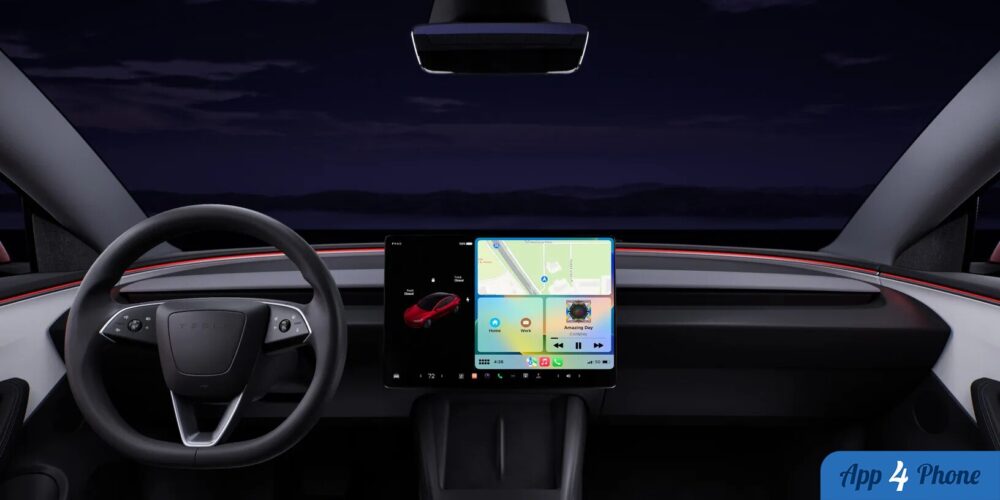 Habitacle Tesla avec écran central affichant navigation et commandes multimédias