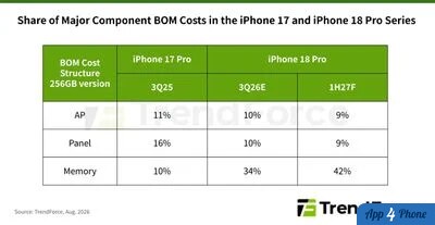 Graphique TrendForce comparant les coûts des composants des iPhone Pro