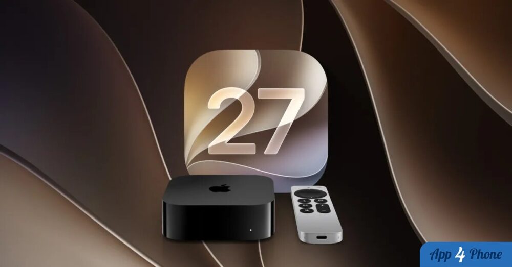 Apple TV 4K et télécommande devant l’icône de tvOS 27