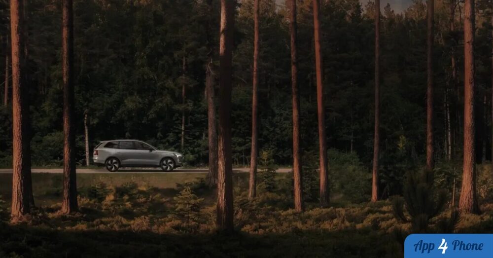 Volvo roulant sur une route forestière au milieu des pins