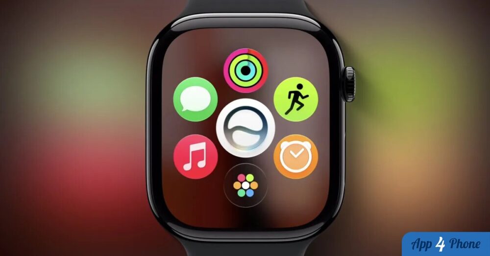 Rendu d’une Apple Watch affichant plusieurs icônes d’applications watchOS