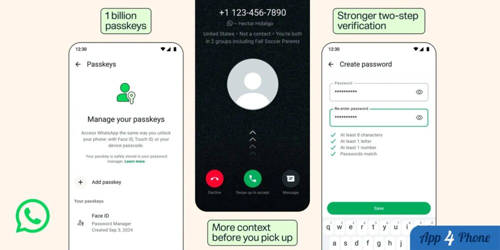 Écrans WhatsApp présentant la gestion des passkeys et un mot de passe
