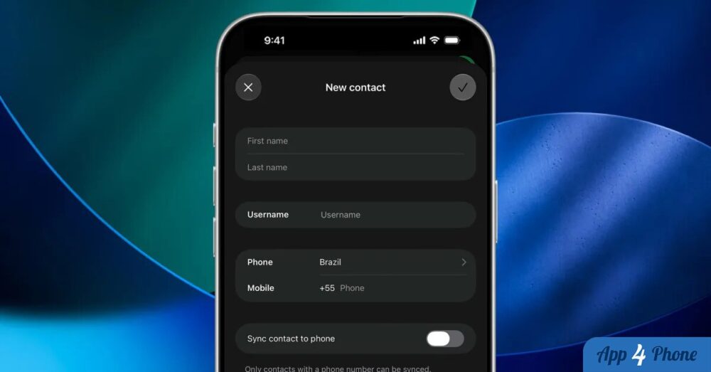 Écran de nouveau contact WhatsApp avec champ dédié au nom d’utilisateur