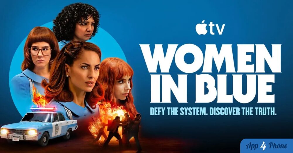 Affiche de Women in Blue montrant quatre policières et voiture en feu