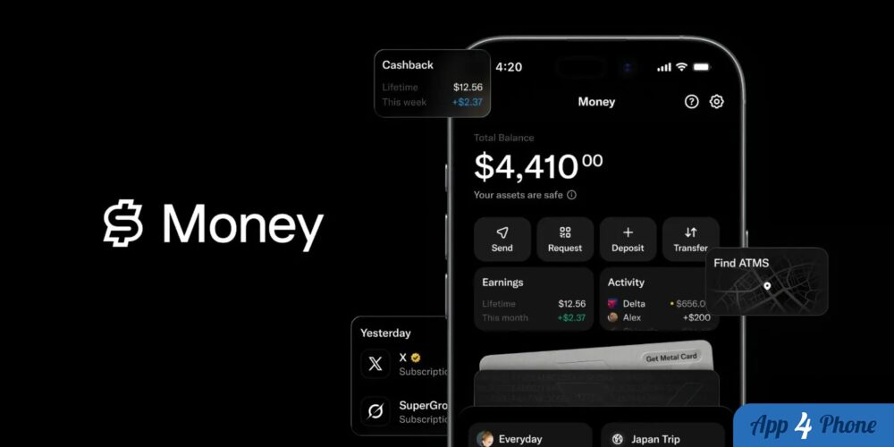 Rendu de l’application X Money avec solde, cashback et retrait ATM