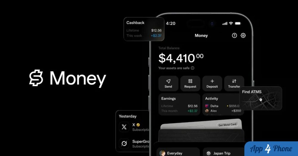 Rendu de X Money affichant un solde, des transactions et une carte bancaire