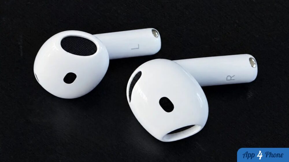 Deux écouteurs AirPods 5 blancs posés sur une surface noire.