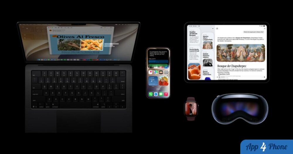 Appareils Apple affichant des fonctionnalités logicielles sur fond noir