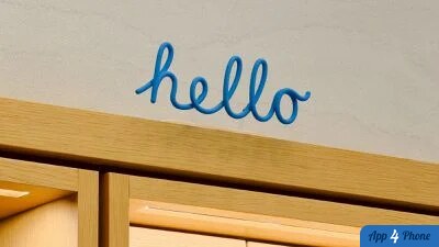 Vue large de la décoration « hello » d’un Apple Store