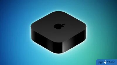 Boîtier Apple TV noir présenté sur fond coloré