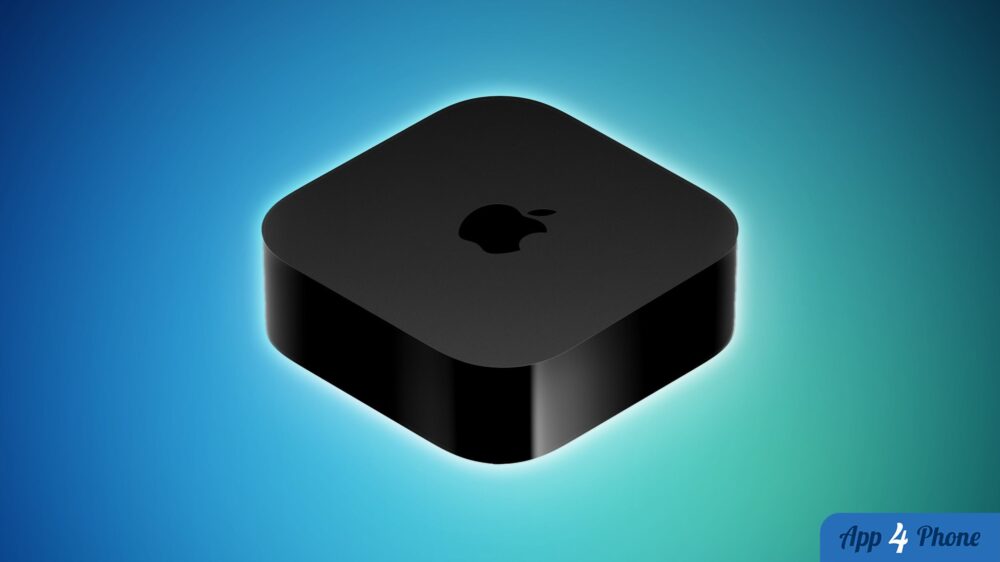 Boîtier Apple TV 4K noir sur fond bleu et vert