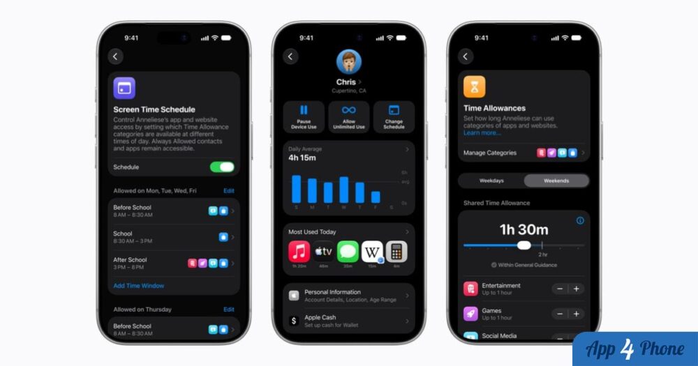 Réglages de contrôle parental et temps d’écran sur trois iPhone