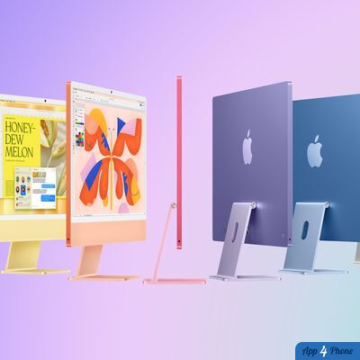 iMac colorés de nouvelle génération aux côtés d’un modèle rose
