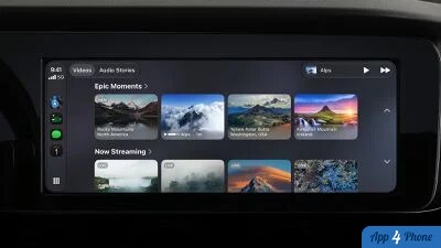 Écran CarPlay présentant des albums musicaux et recommandations audio