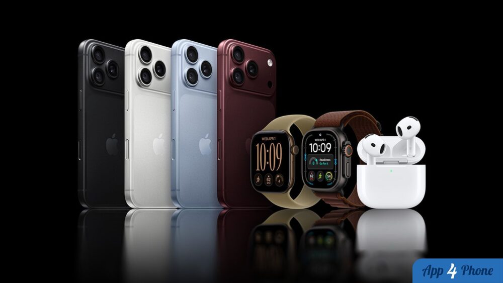 Gamme d’iPhone, Apple Watch et AirPods présentée sur fond noir