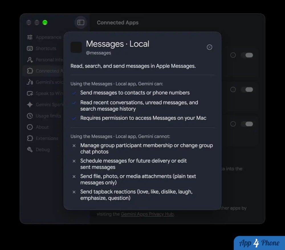 Gemini lit et envoie des messages Apple Messages localement