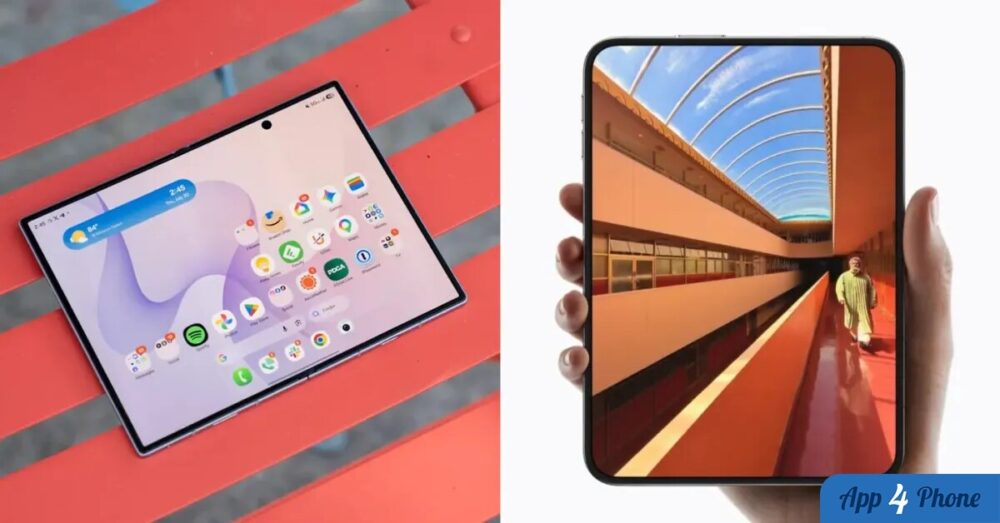 Deux vues d’un smartphone pliable, ouvert puis utilisé à la main