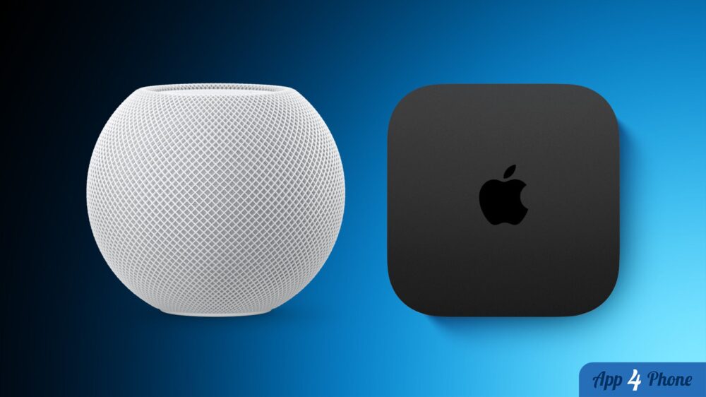 HomePod mini blanc et Apple TV noir présentés côte à côte