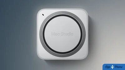 Mac Studio argenté photographié de dessus sur fond gris