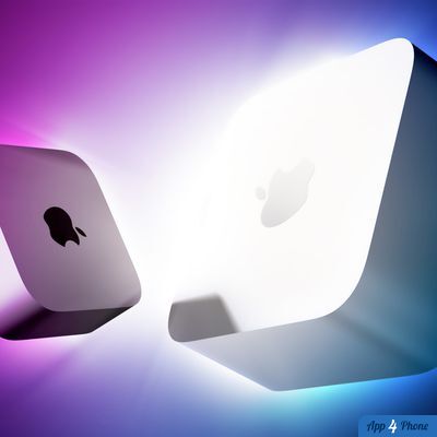Deux ordinateurs Apple, dont un Mac mini, dans un éclairage coloré.