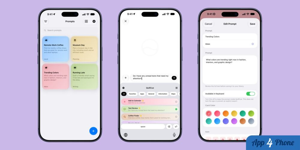 Interface QuillCue affichant une bibliothèque de prompts et leur édition