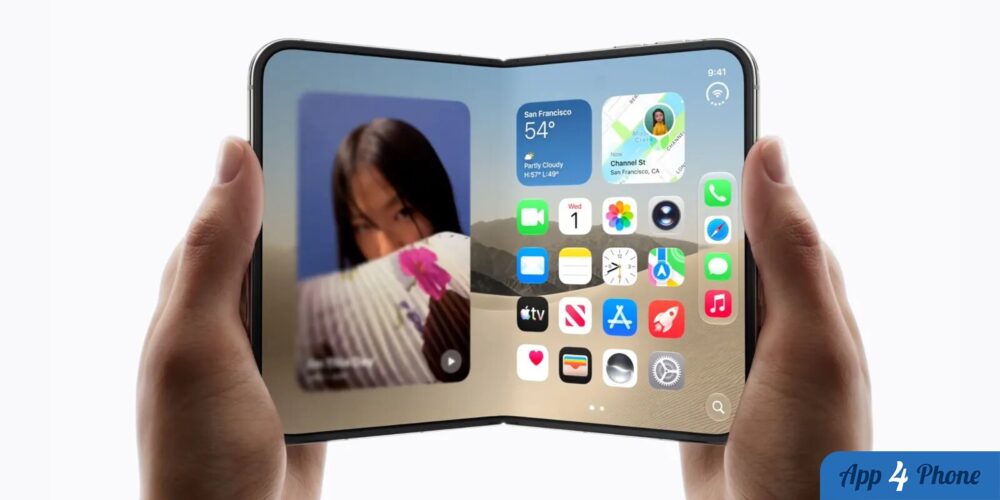 iPhone pliable présentant des widgets et applications sur son écran