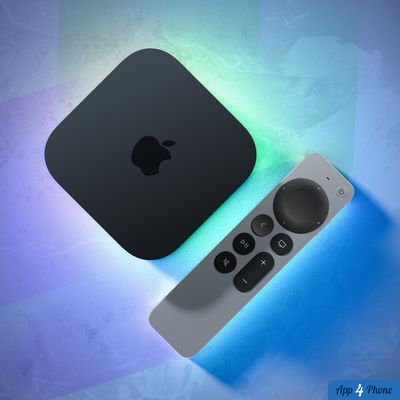 Apple TV 4K et sa télécommande présentés sur fond coloré