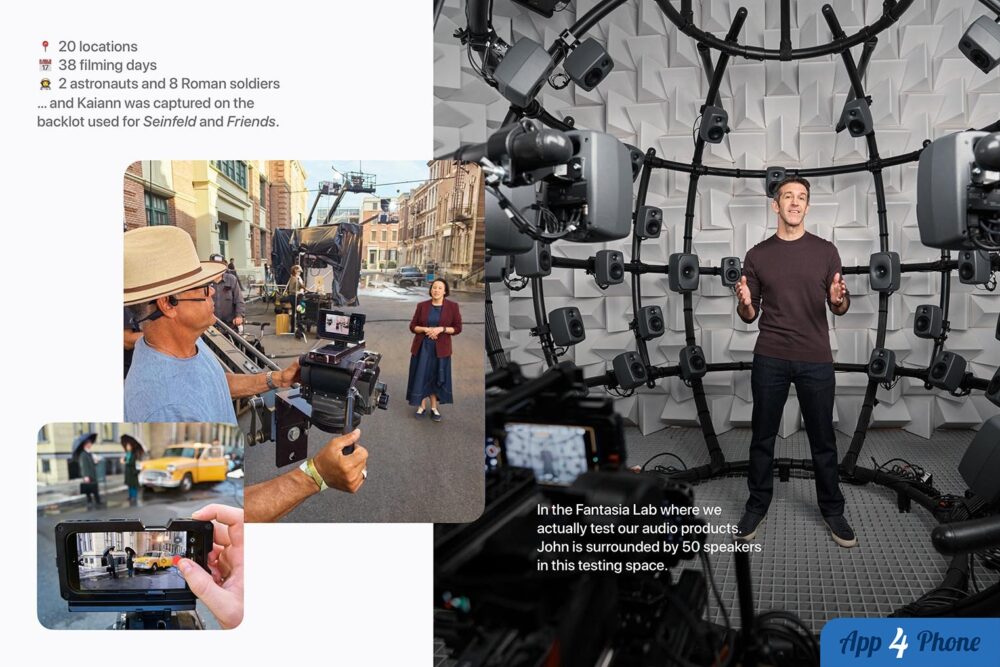 Coulisses du tournage Apple avec caméras et studio audio