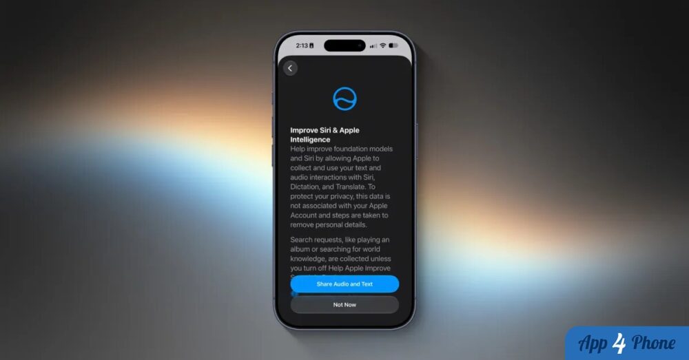 iPhone affichant le réglage de partage audio et texte pour améliorer Siri