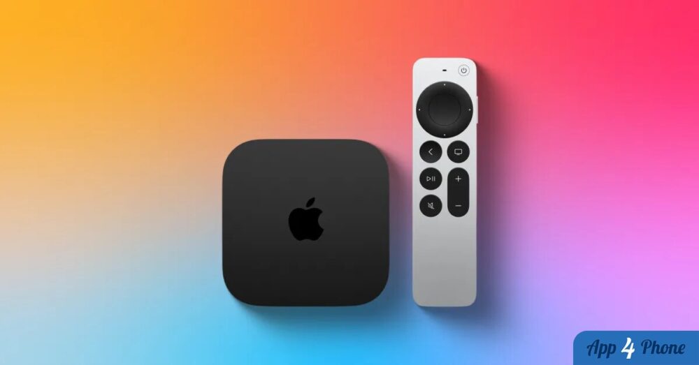 Boîtier Apple TV et télécommande Siri Remote sur fond coloré