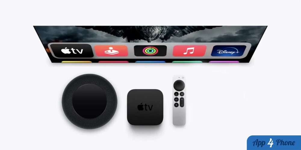 Apple TV 4K et HomePod présentés sous un téléviseur