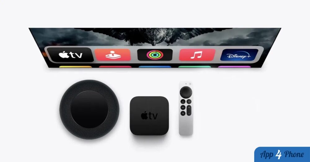 Apple TV 4K, HomePod et télécommande devant un écran