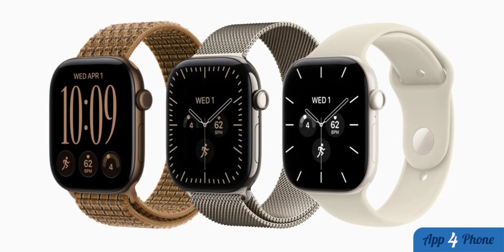 Trois Apple Watch affichant différents cadrans et styles de bracelets