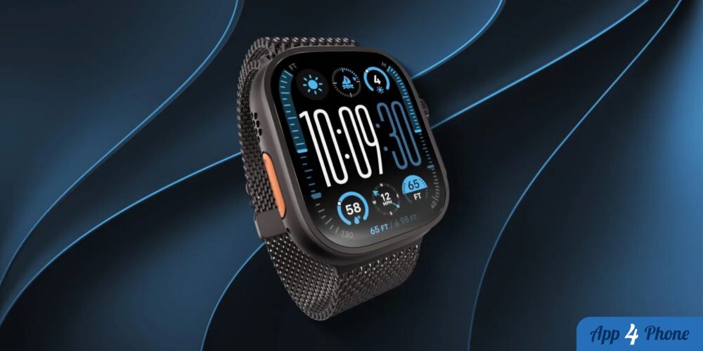 Apple Watch Ultra affichant un cadran numérique sur fond bleu abstrait