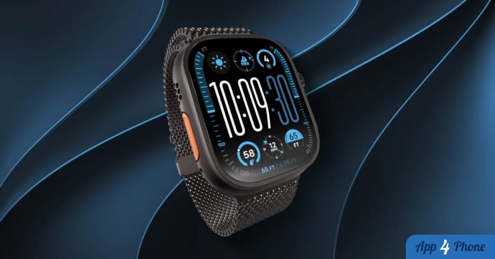 Apple Watch Ultra affichant un cadran numérique sur fond bleu abstrait