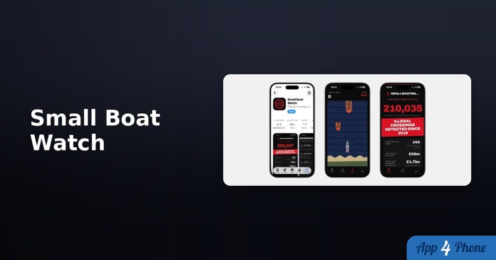 Trois écrans montrent l’application Small Boat Watch et son jeu nautique