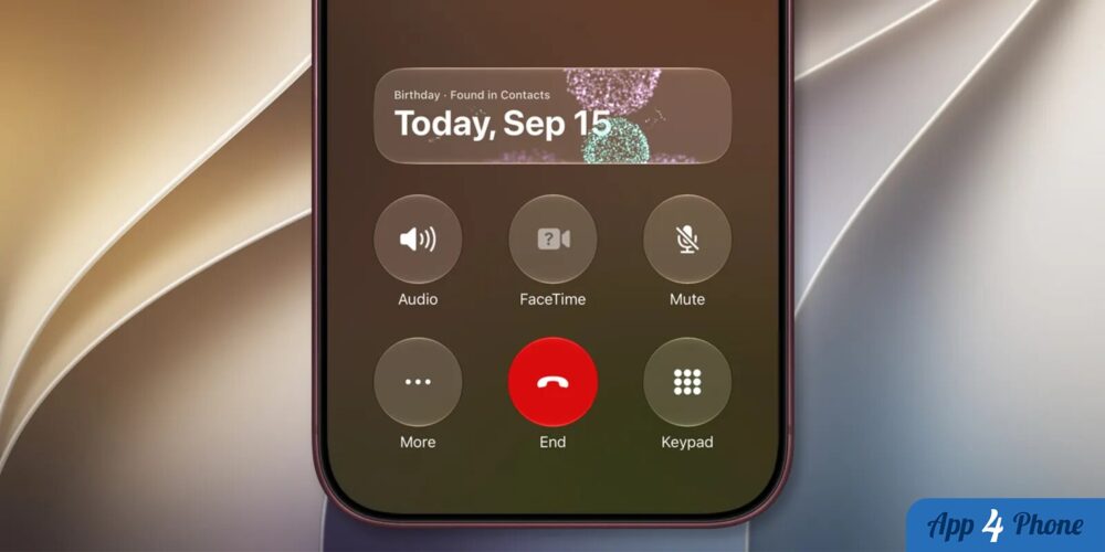 Interface d’appel iPhone avec notification d’anniversaire et animation colorée