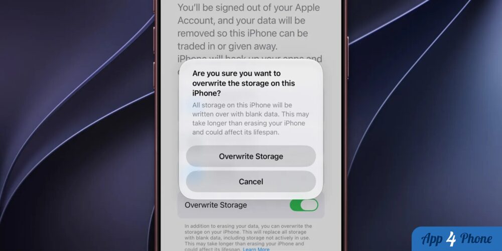 Fenêtre iPhone confirmant la réécriture complète du stockage