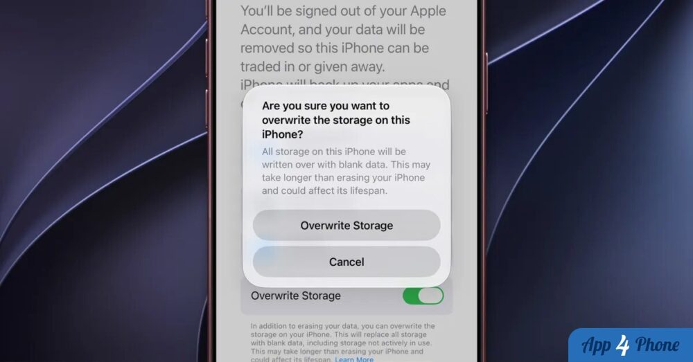Alerte iPhone proposant de réécrire le stockage avec des données vierges