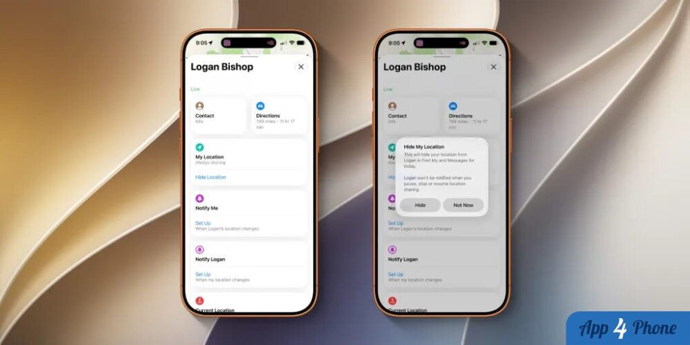 Deux iPhone affichent les options de partage de localisation de Localiser