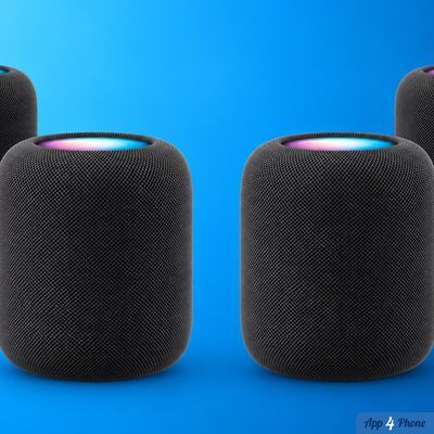Deux enceintes HomePod noires affichées sur fond bleu