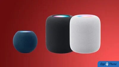 HomePod et HomePod mini présentés sur fond rouge