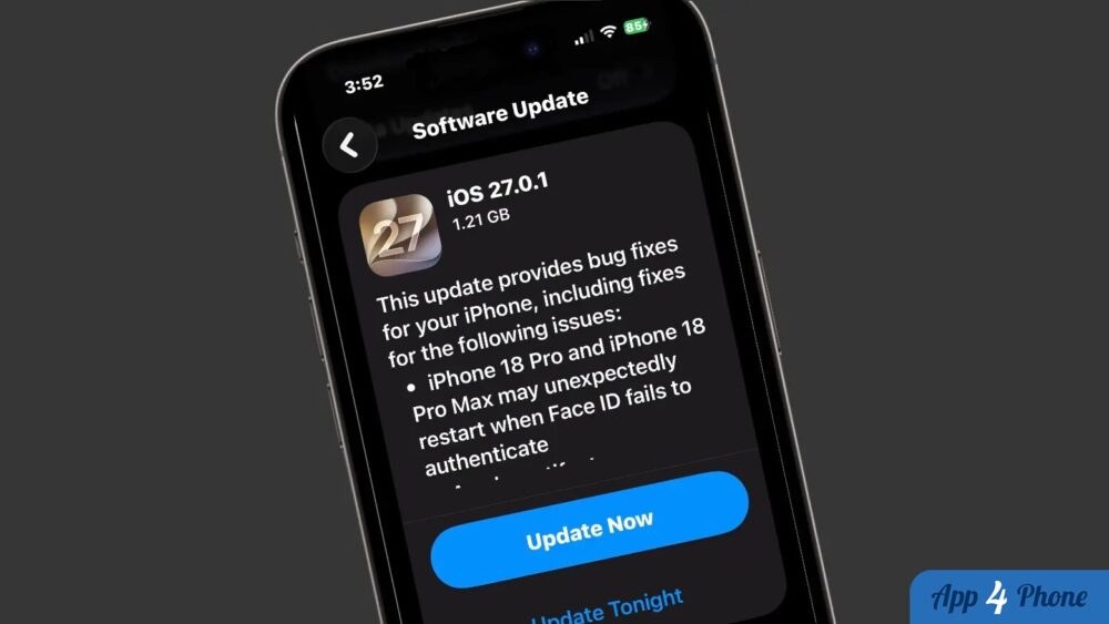 Écran d’iPhone affichant la mise à jour logicielle iOS 27.0.1