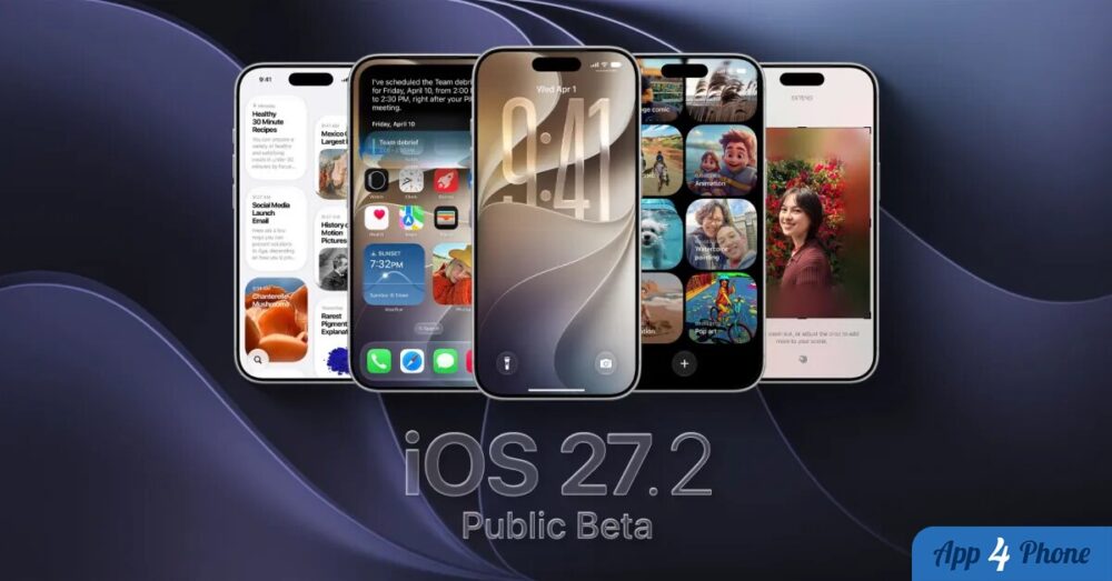 Illustration de plusieurs iPhone présentant iOS 27.2 en bêta publique