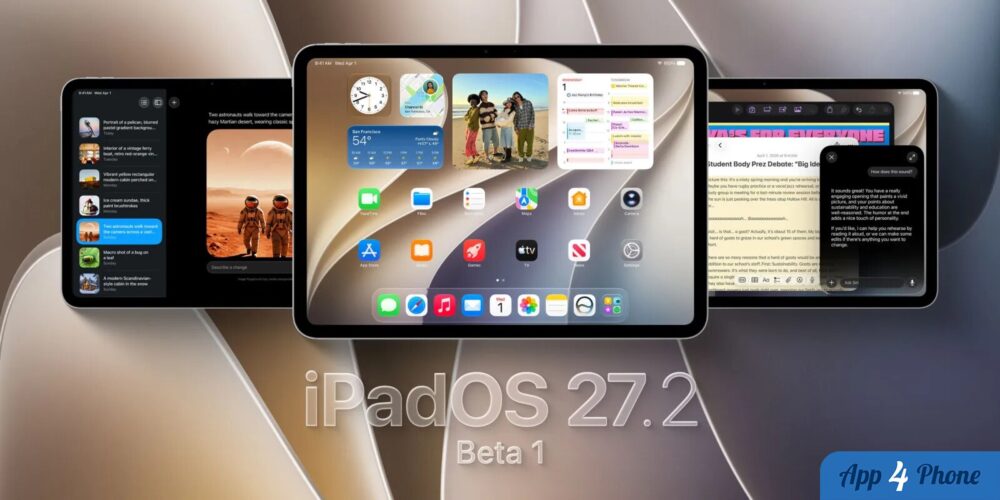 Montage de plusieurs iPad affichant iPadOS 27.2 bêta 1